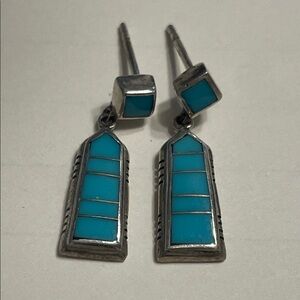 Native American Zuni Sterling Silver Turquoise Inlay Dangle Stud Earrings